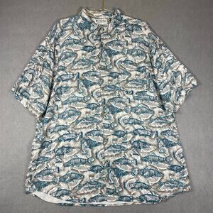 Columbia Fish Print Casual Linen Shirt Men’s 2X Gray Short Sleeve Button Up